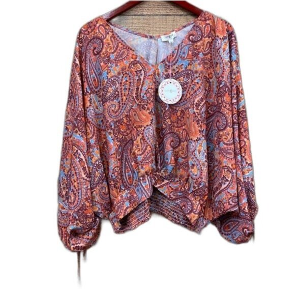 Umgee Womens Boho Paisley Print V-Neck Long Sleeve Blouse - Size L - Picture 1 of 6